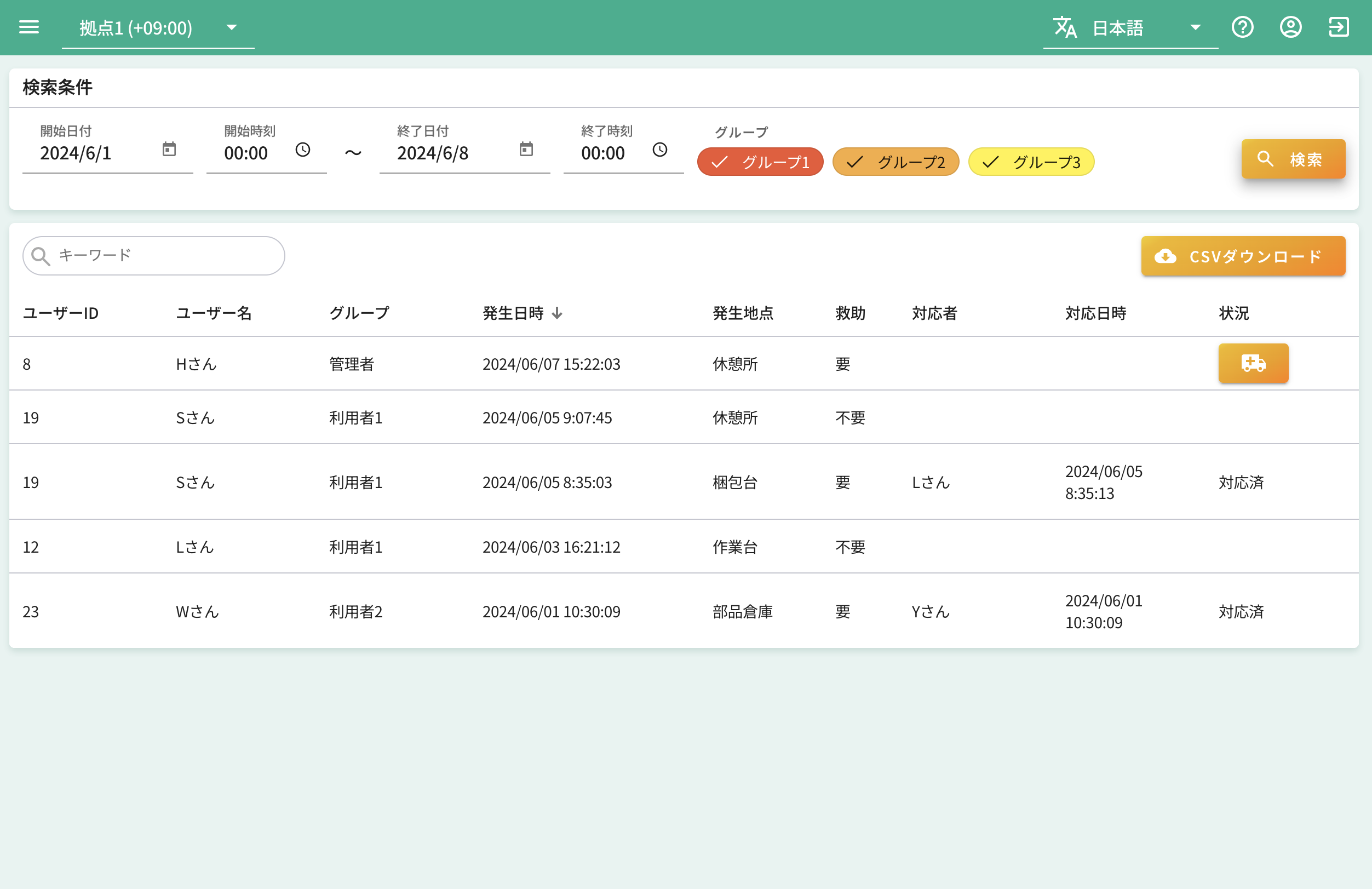 危険通知記録画面